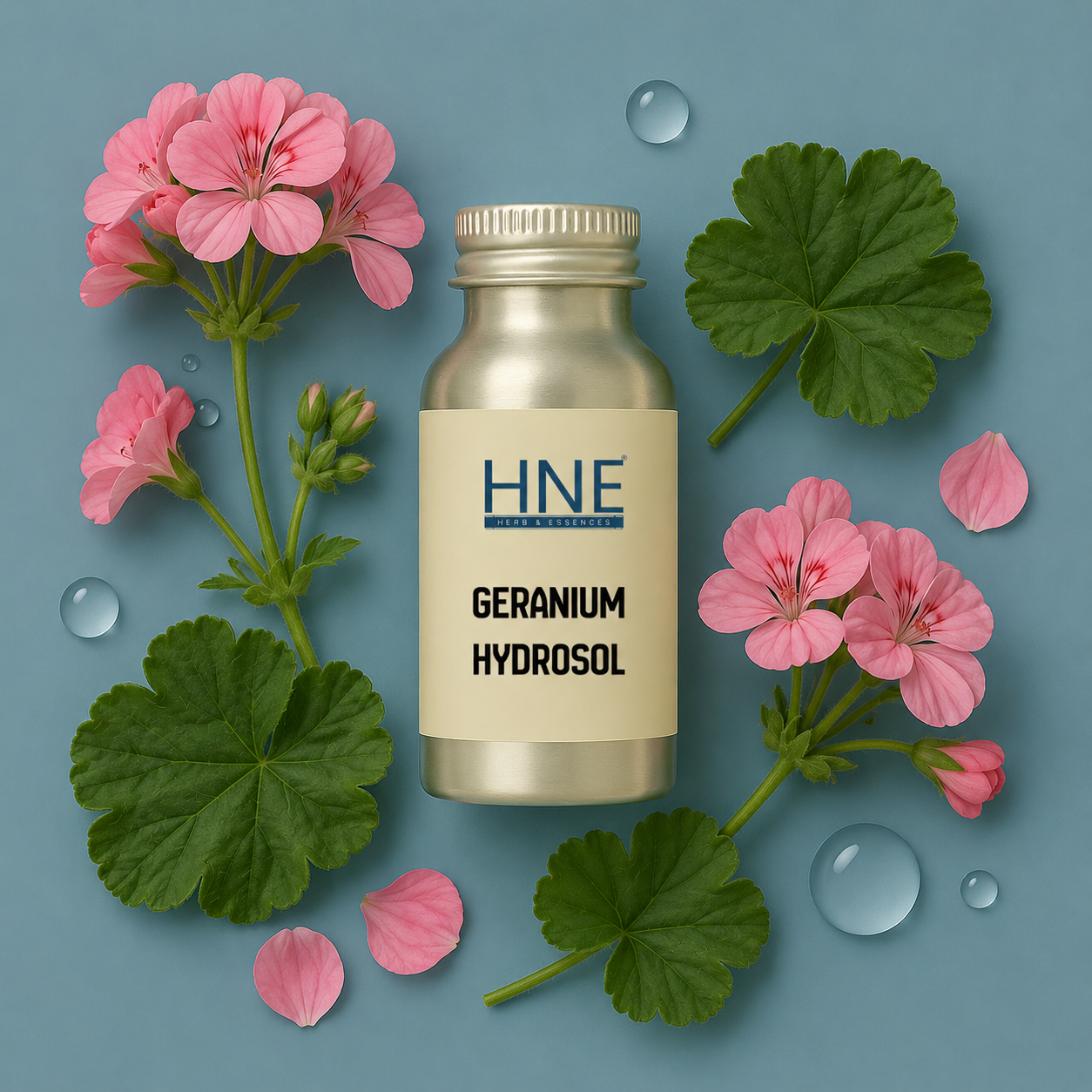 HNE Geranium Hydrosol bottle surrounded by pink flowers and green leaves on a blue background