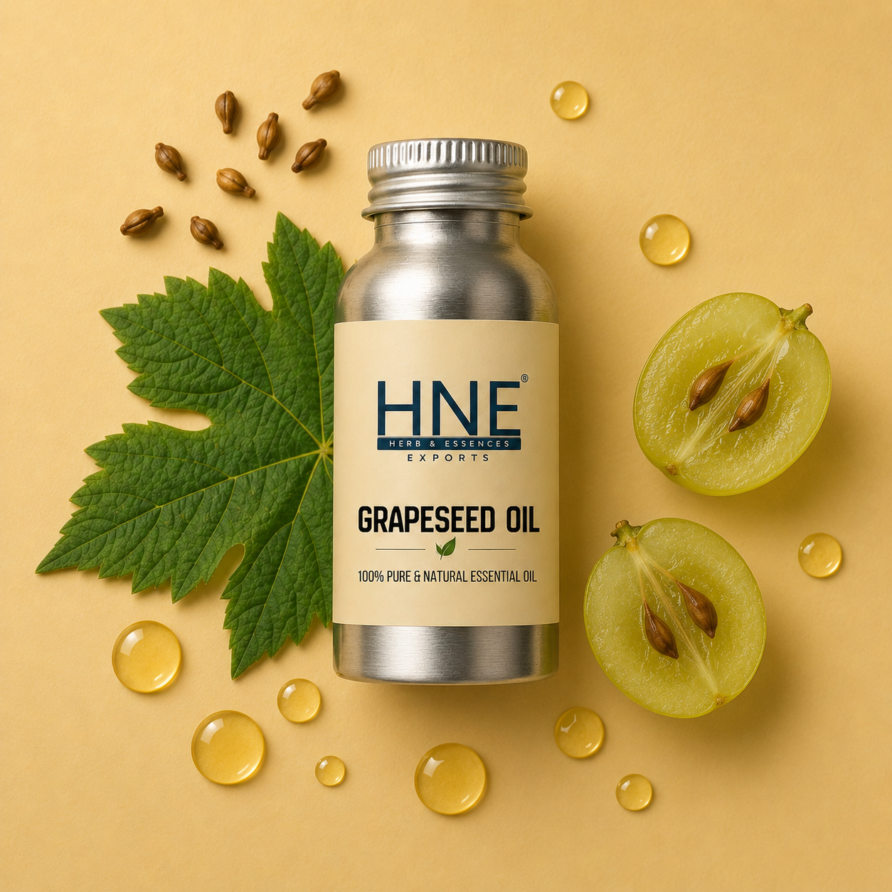 Bottle of HNE Grapeseed Oil with grape seeds and leaves on a beige background