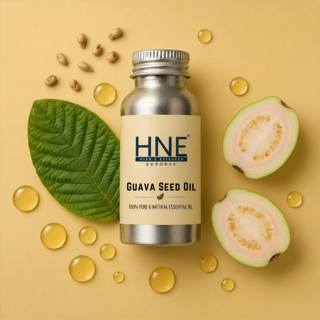 Bottle of HNE Guava Seed Oil with guava fruit and seeds on a beige background