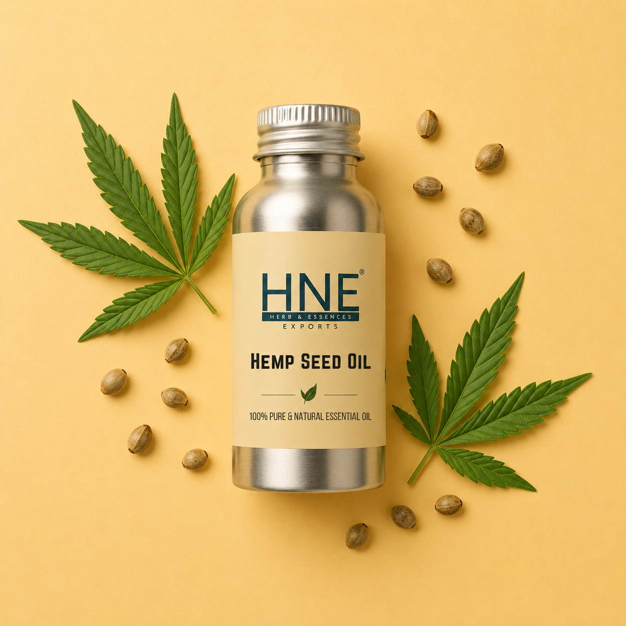 Bottle of HNE Hemp Seed Oil with hemp seeds and leaves on a yellow background