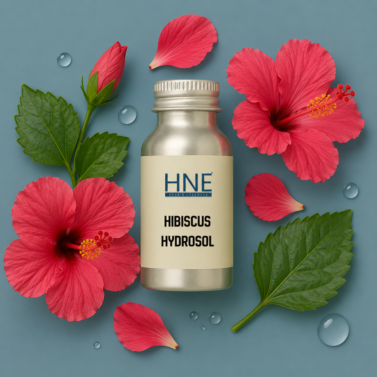 Bottle of HNE Hibiscus Hydrosol surrounded by red flowers and green leaves on a blue background