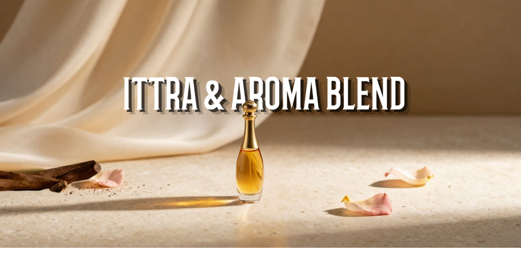 Perfume bottle with 'ITTRA & AROMA BLEND' text on a beige background
