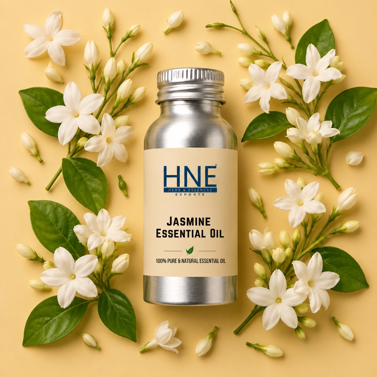 Jasmine essential oil bottle with flowers on a yellow background