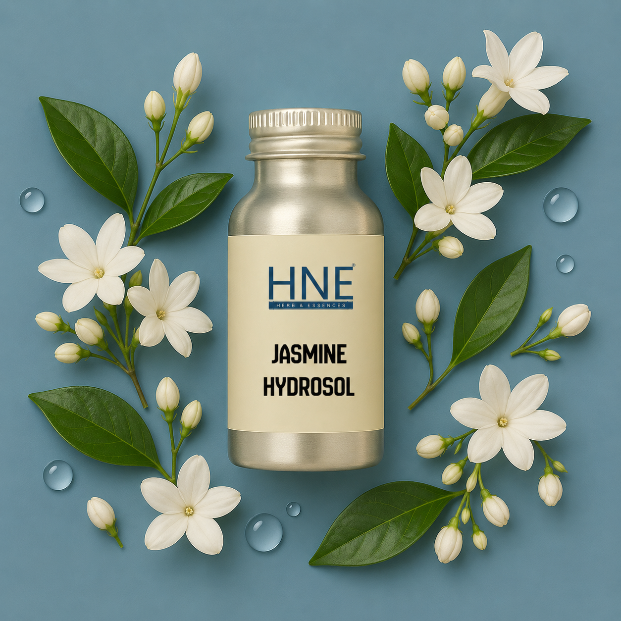 Silver bottle labeled 'HNE Jasmine Hydrosol' surrounded by jasmine flowers and leaves on a blue background