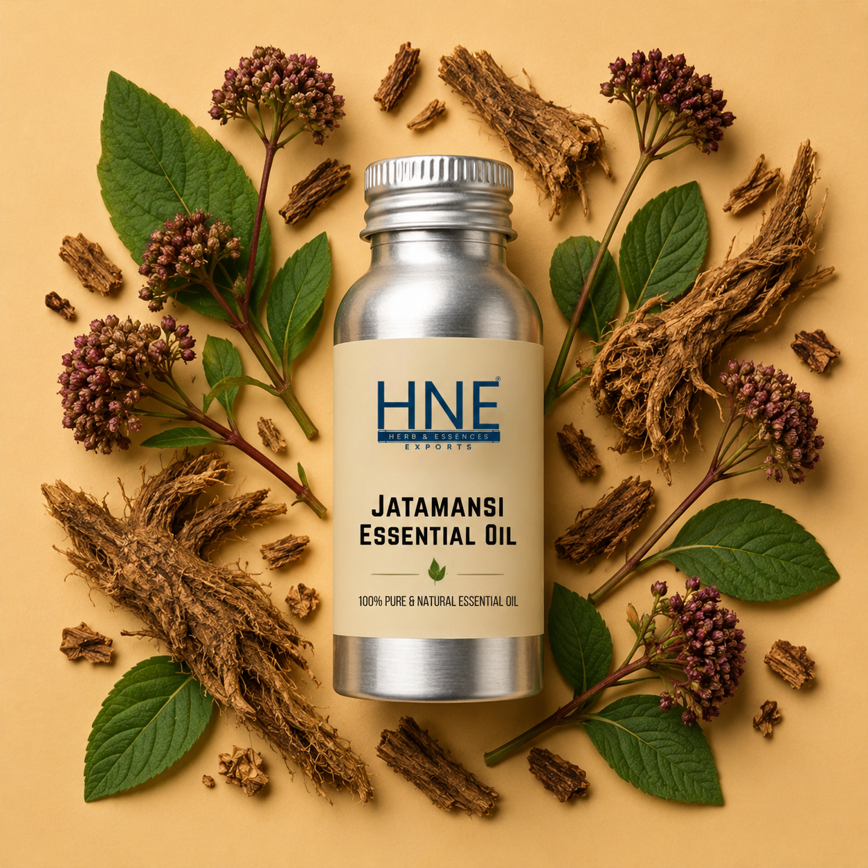 HNE Jatamansi Essential Oil bottle surrounded by herbs and plants on a beige background
