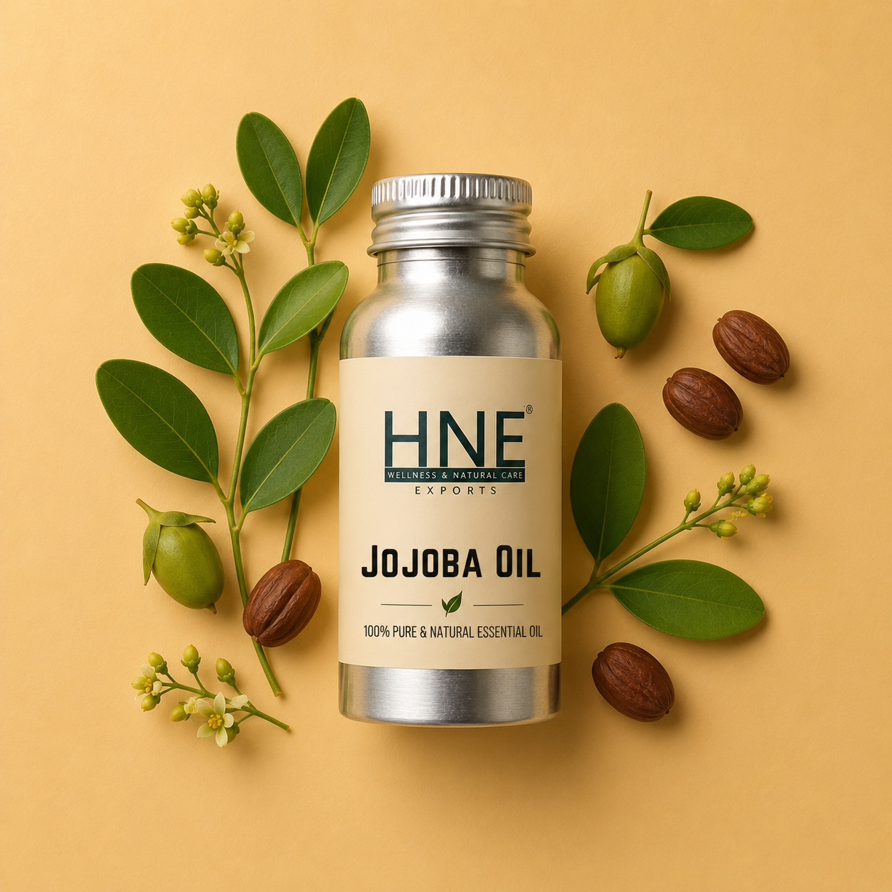 Bottle of HNE Jojoba Essential Oil with Jojaba OIl and leaves on a yellow background