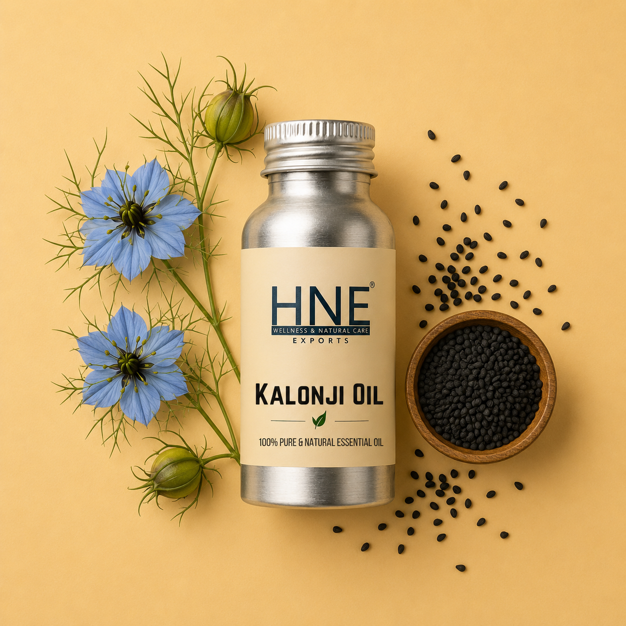 Bottle of HNE Kalonji Essential  Oil with Flowers and leaves on a yellow background