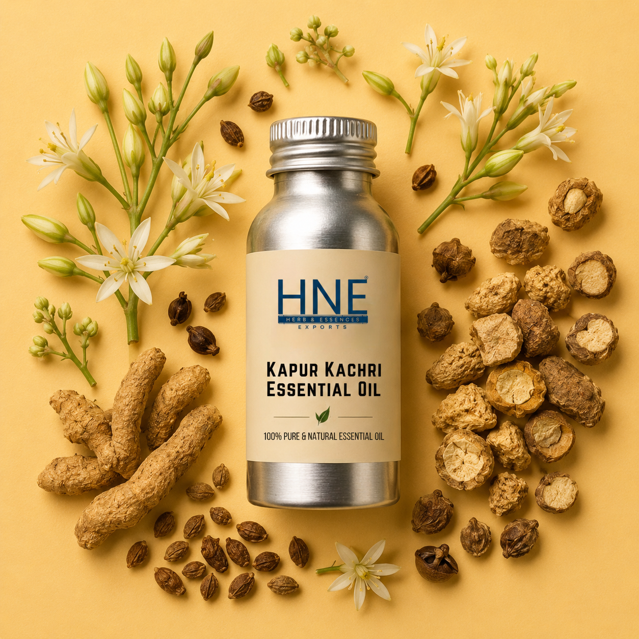 HNF Kapur Kachri Essential Oil bottle surrounded by dried roots and flowers on a yellow background