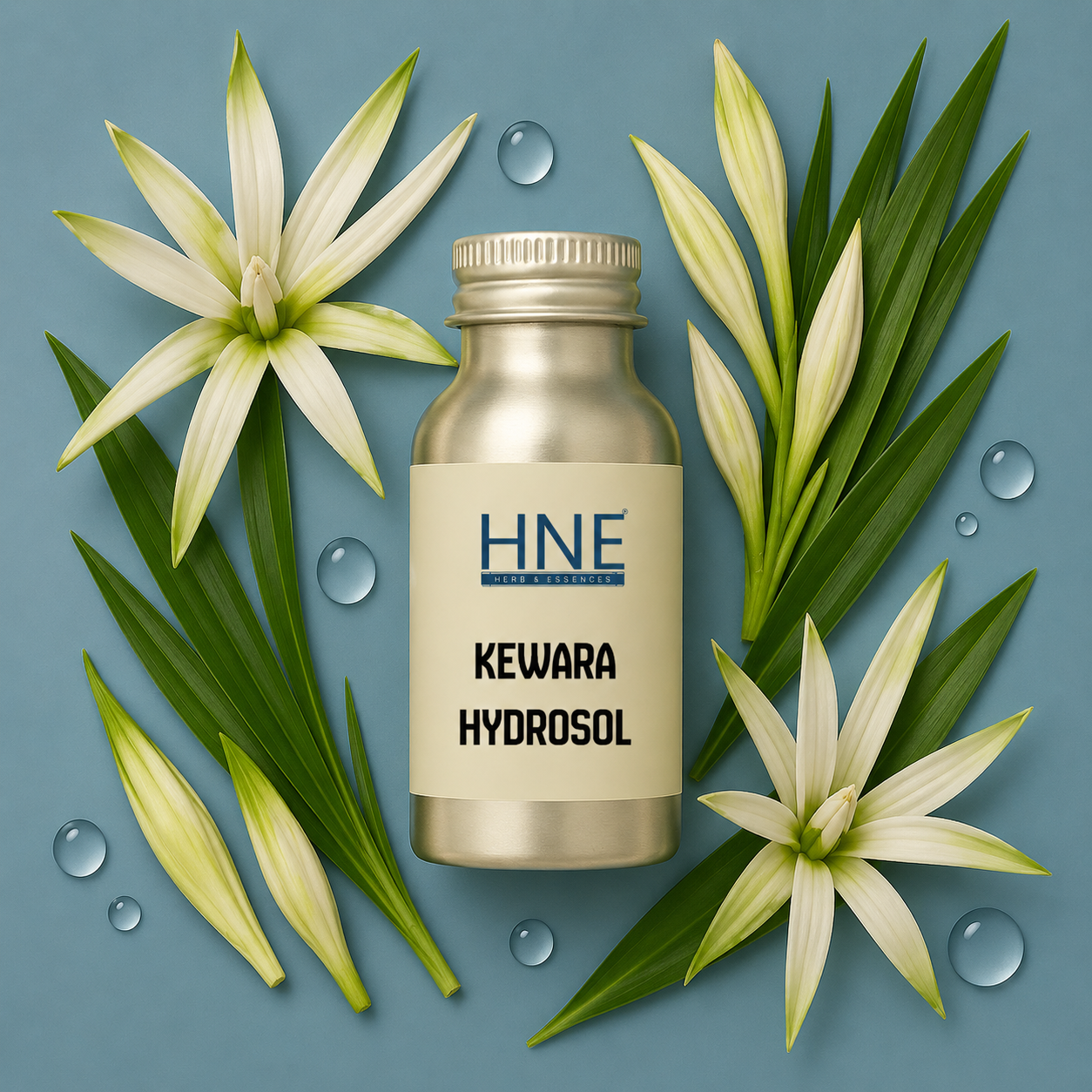 Gold bottle labeled 'HNE Kewara Hydrosol' surrounded by green leaves and flowers on a blue background
