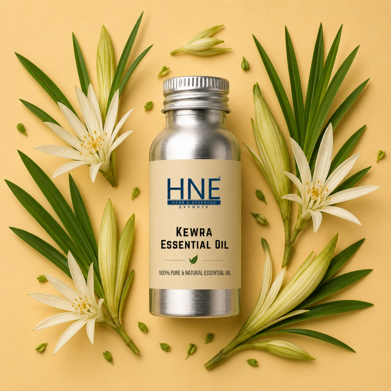 HNE Kewra Essential Oil bottle surrounded by green leaves and white flowers on a beige background
