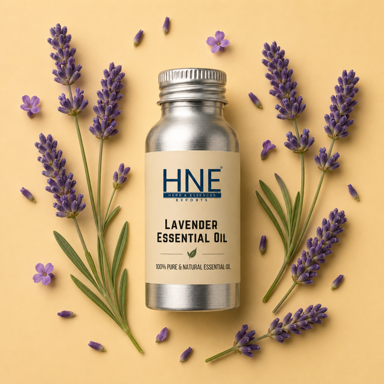 Bottle of HNE Lavender Essential Oil surrounded by lavender flowers on a beige background