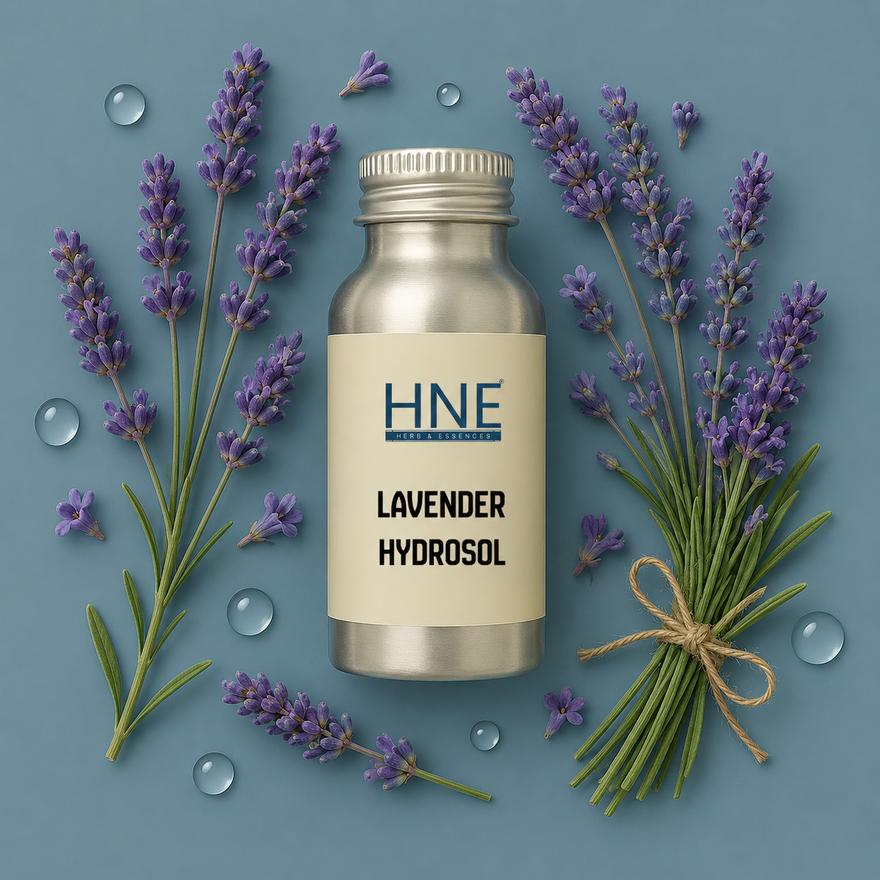 Bottle of HNE Lavender Hydrosol surrounded by lavender flowers on a blue background