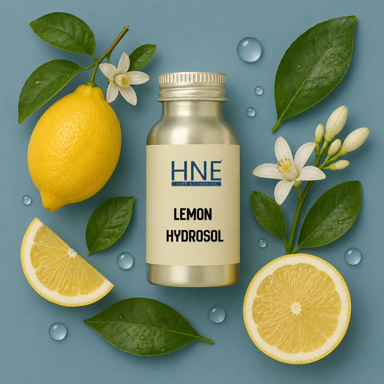 HNE Lemon Hydrosol bottle surrounded by lemons, leaves, and flowers on a blue background