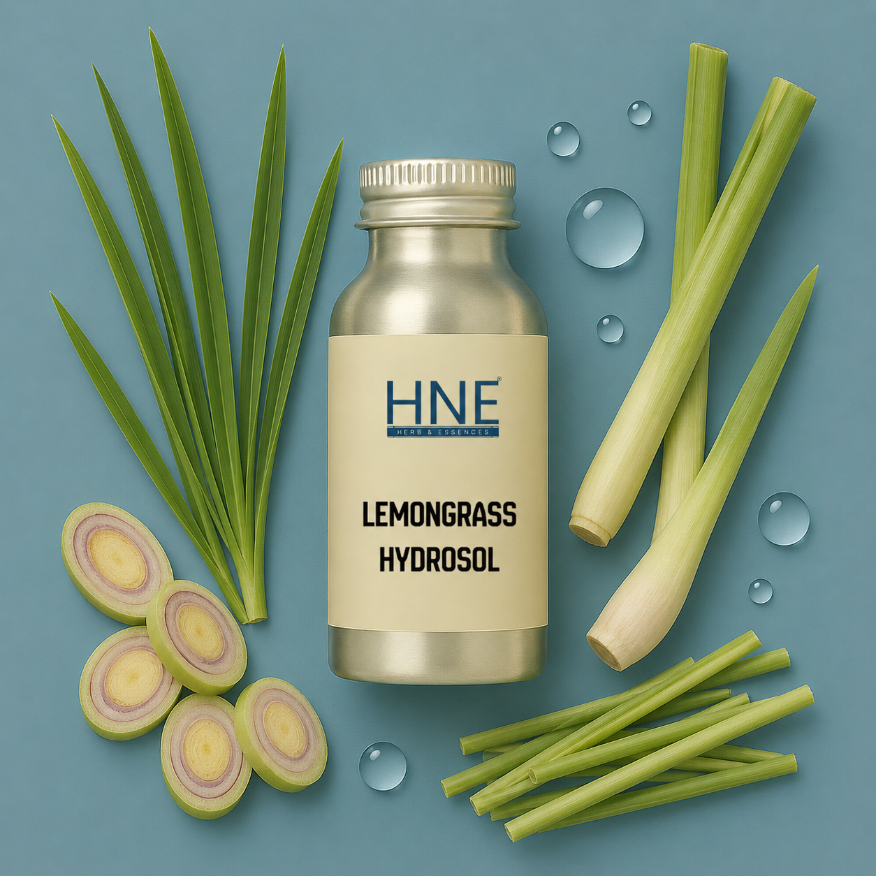HNE Lemongrass Hydrosol bottle with lemongrass stalks and leaves on a blue background
