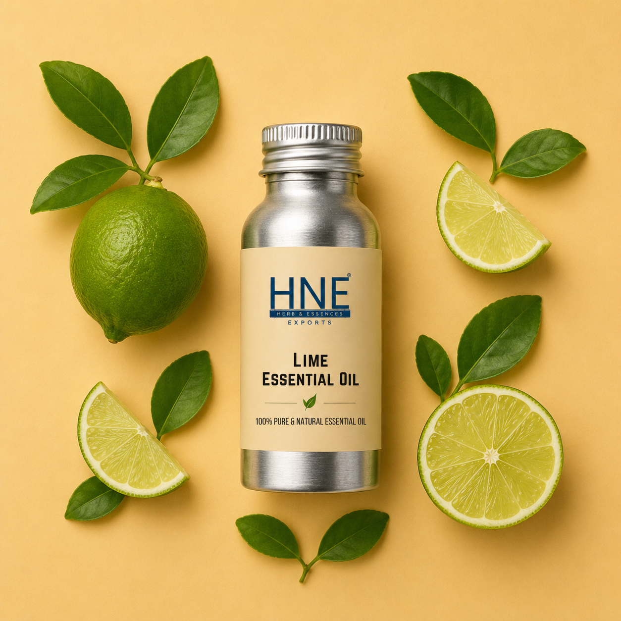 Bottle of HNE Lime Essential Oil with lime fruit and leaves on a yellow background