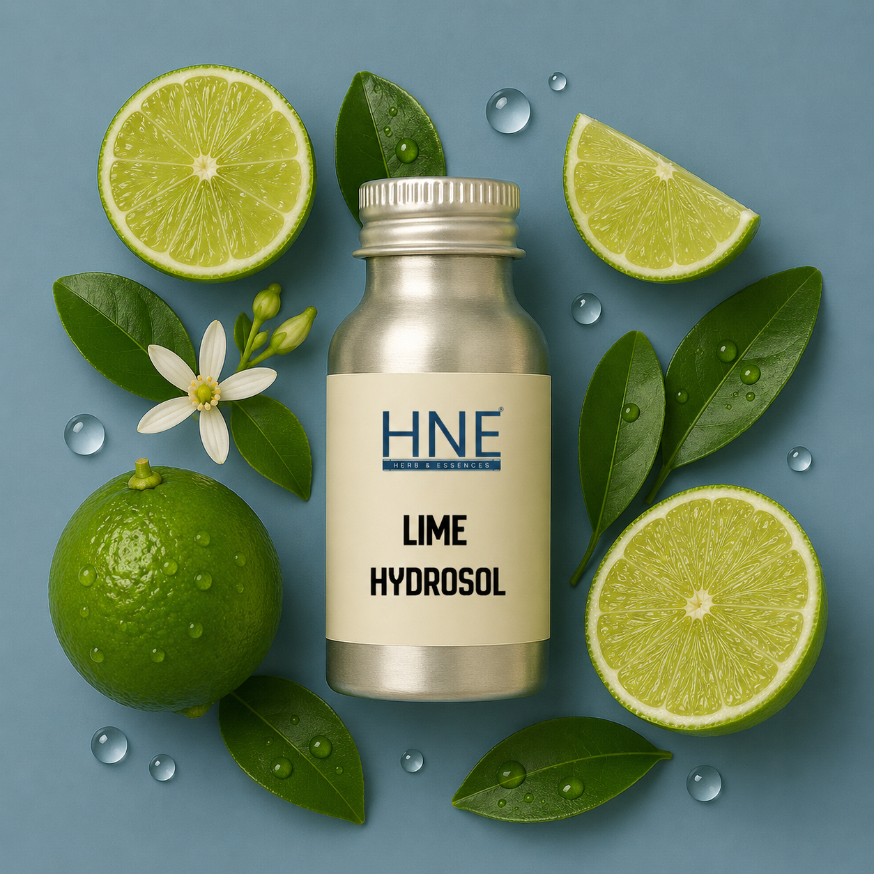 Bottle of HNE Lime Hydrosol surrounded by lime slices and leaves on a blue background