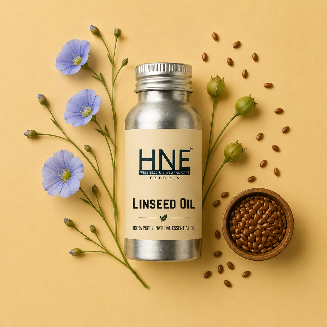 Bottle of HNE Linseed Oil with linseeds and flowers on a yellow background