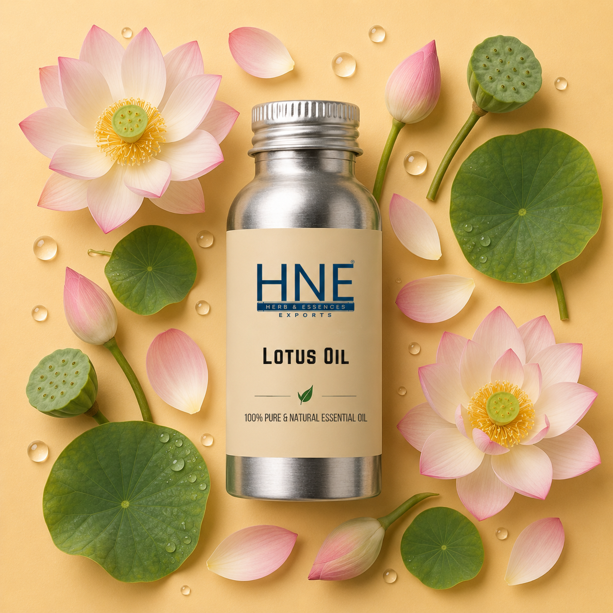 HNE Lotus Oil bottle surrounded by lotus flowers and leaves on a beige background