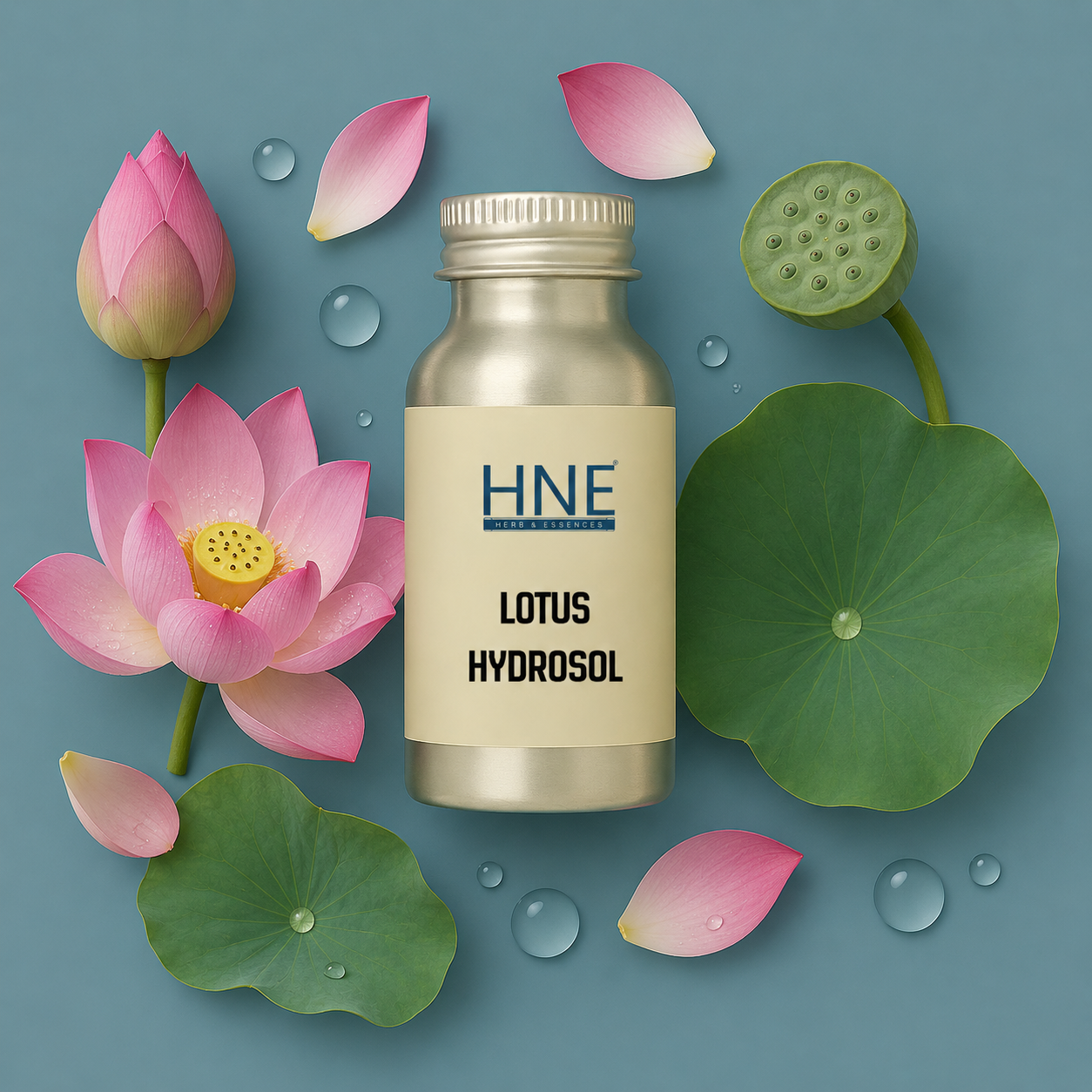 HNE Lotus Hydrosol bottle surrounded by lotus flowers and leaves on a blue background