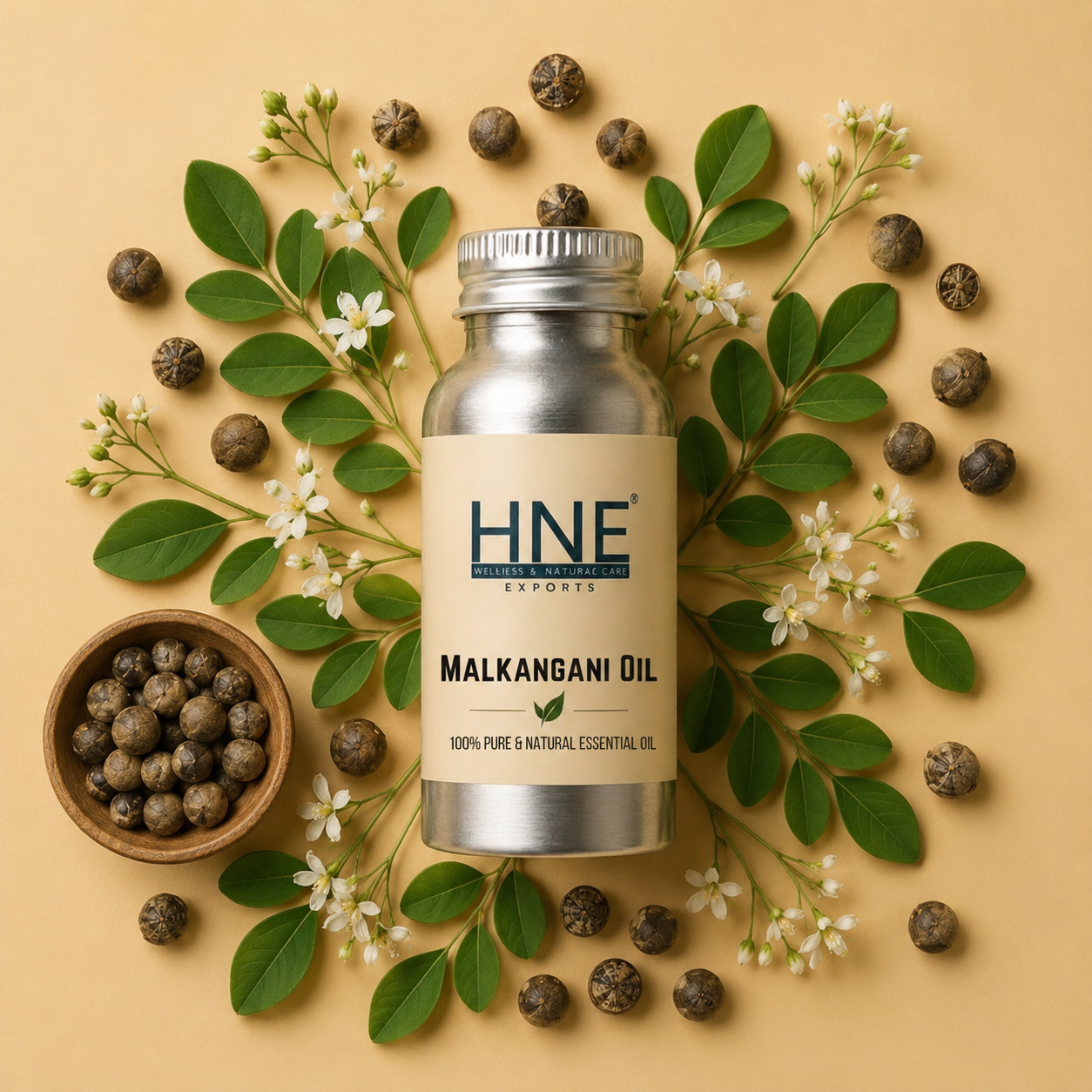 Bottle of HNF Malkangani Oil surrounded by leaves and flowers on a beige background