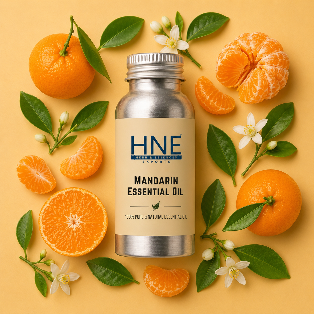 Bottle of HNE Mandarin Essential Oil surrounded by mandarin oranges and leaves on a yellow background