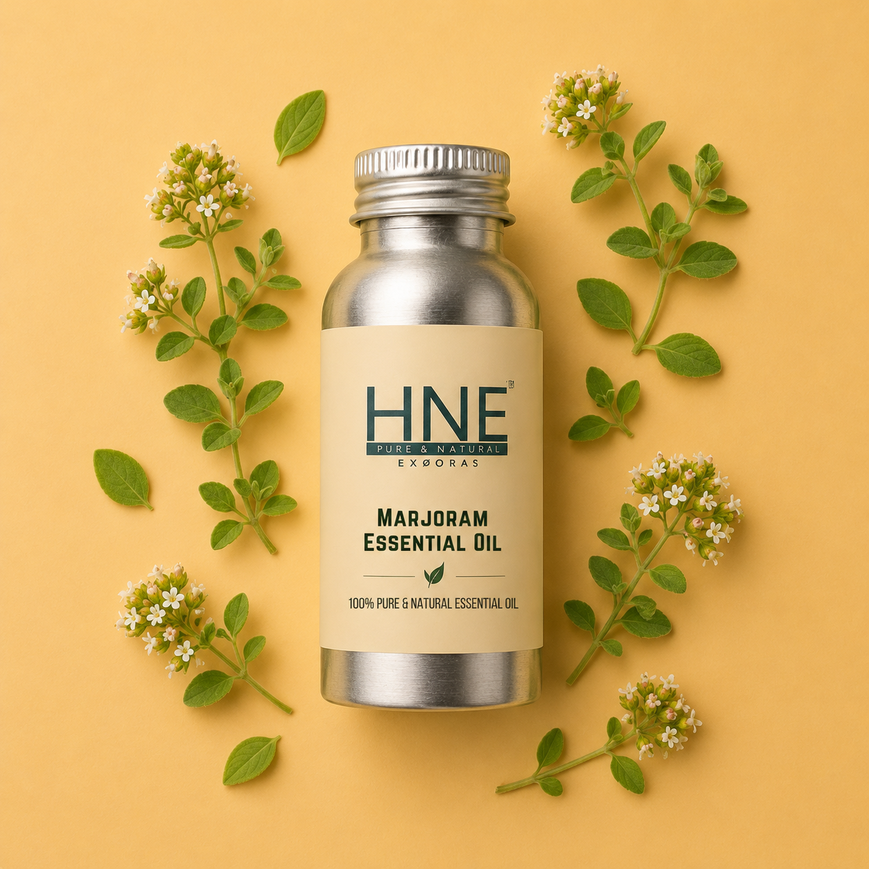 HNE Marjoram Essential Oil bottle with marjoram leaves on a yellow background