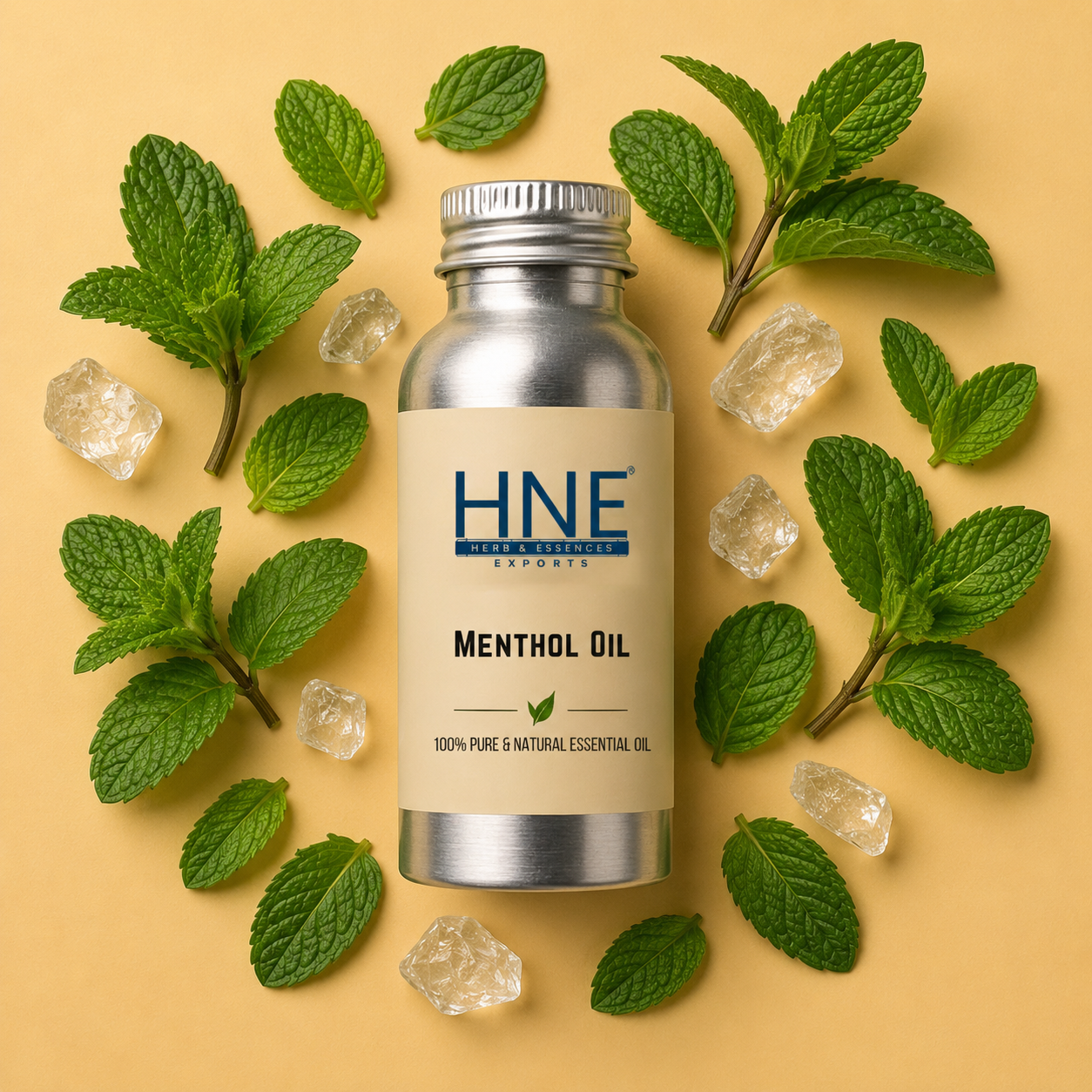 Menthol oil bottle with mint leaves and crystals on a beige background