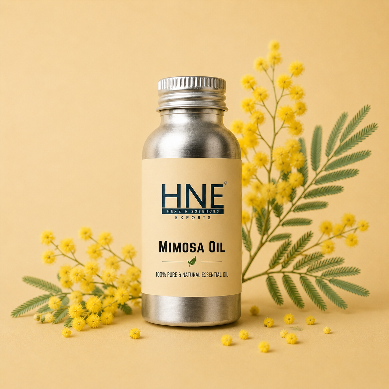 Bottle of HNE Mimosa Oil with mimosa flowers on a beige background