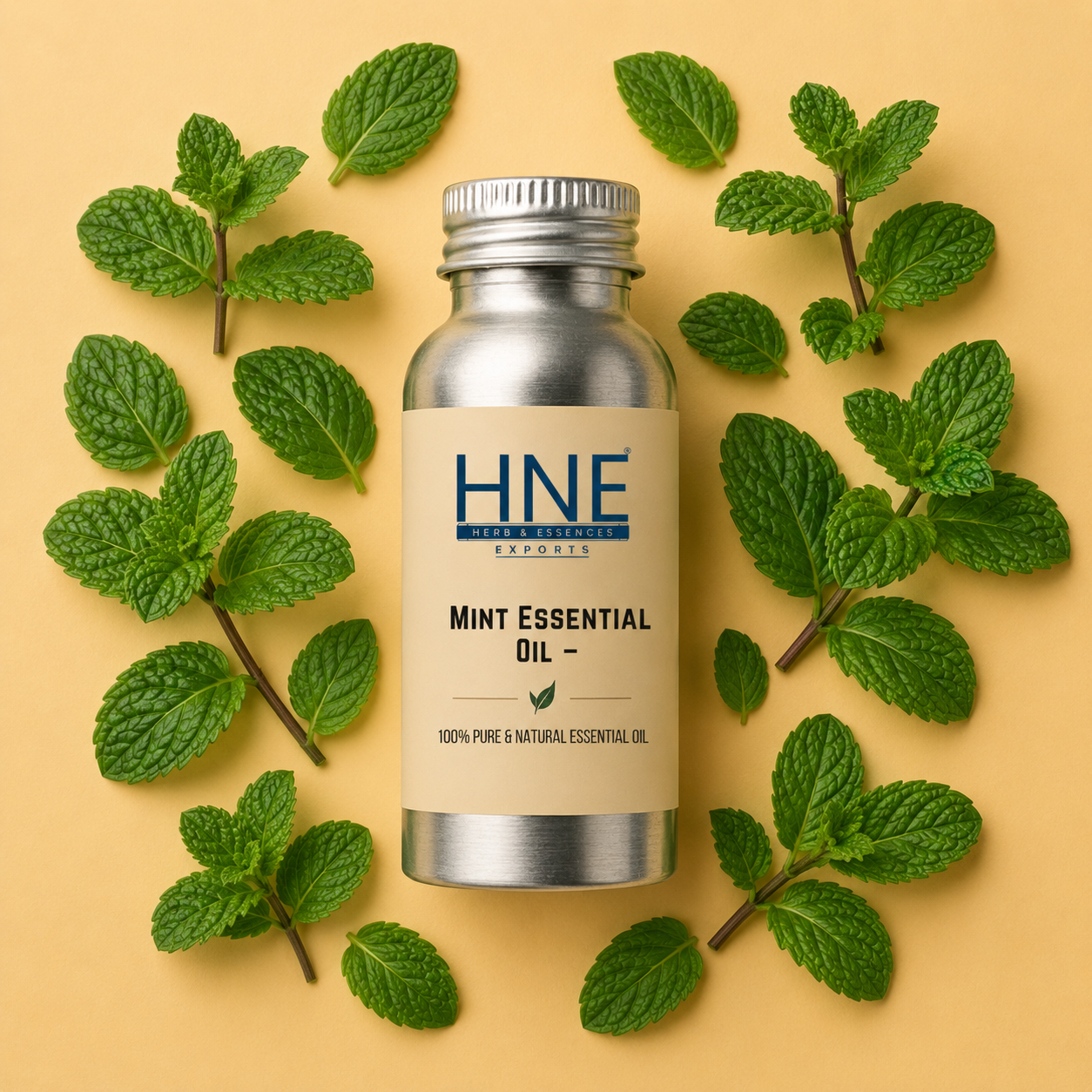Bottle of HNE Mint Essential Oil surrounded by mint leaves on a beige background
