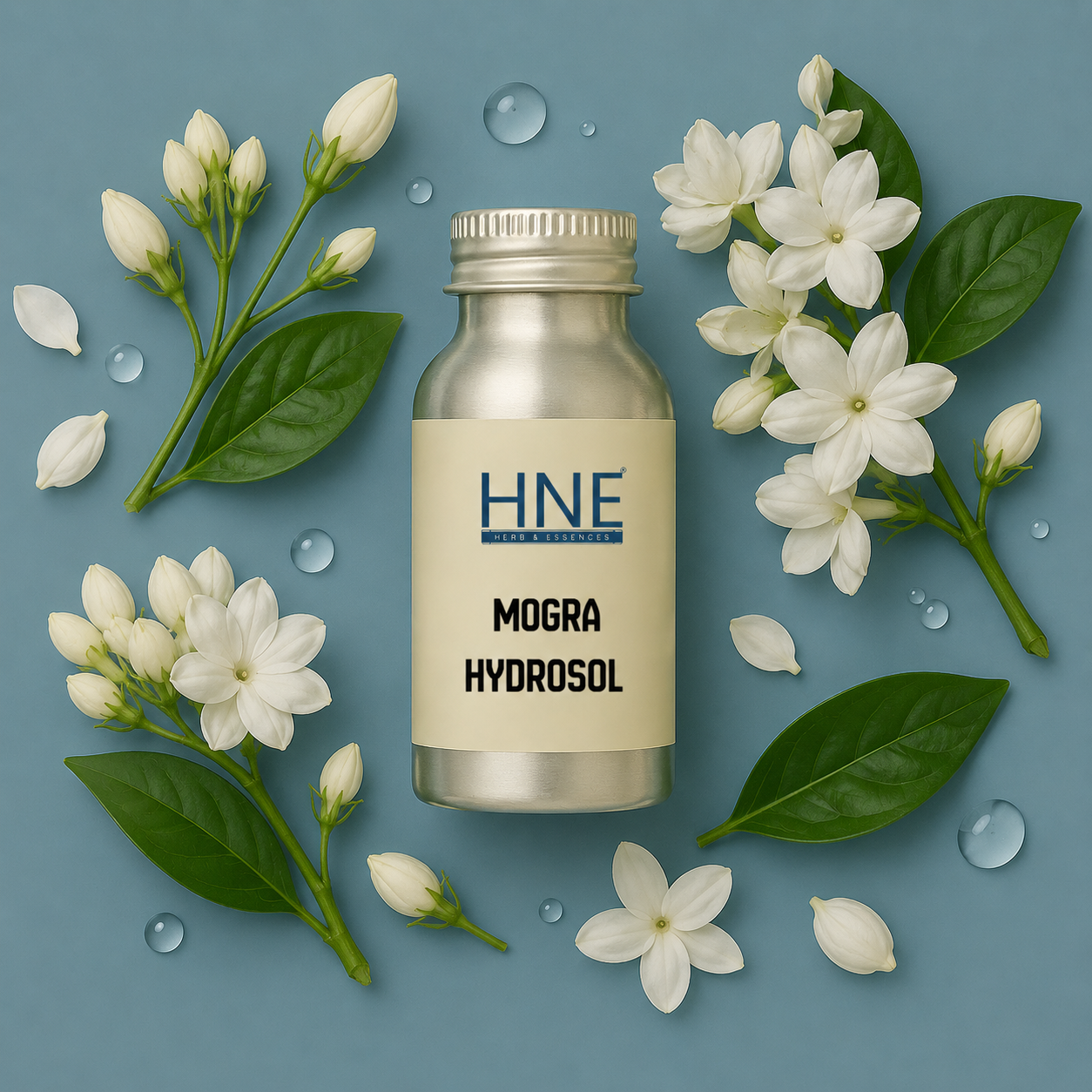 Bottle of HNE Mogra Hydrosol surrounded by white flowers and green leaves on a blue background