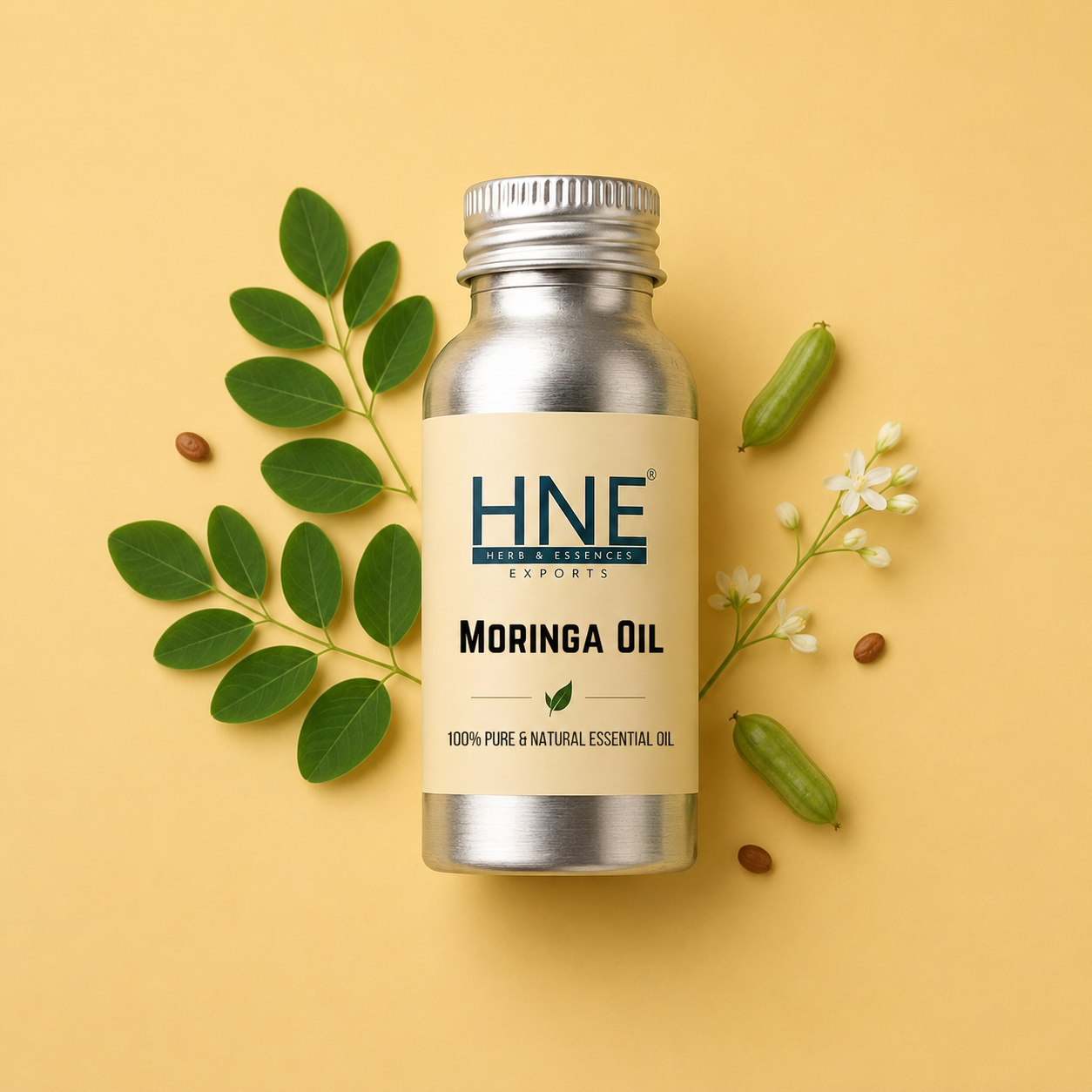 Bottle of HNE Moringa Oil with leaves and seeds on a yellow background