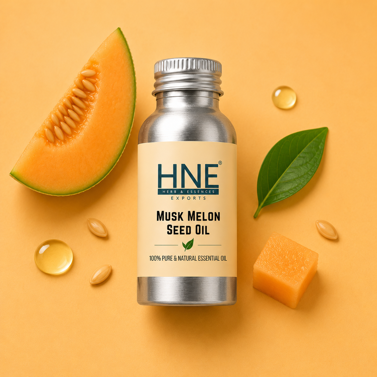Bottle of HNE Musk Melon Seed Oil with a slice of cantaloupe, seeds, and a leaf on an orange background
