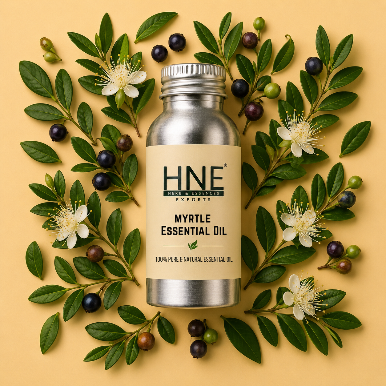 Myrtle essential oil bottle with leaves and flowers on a beige background
