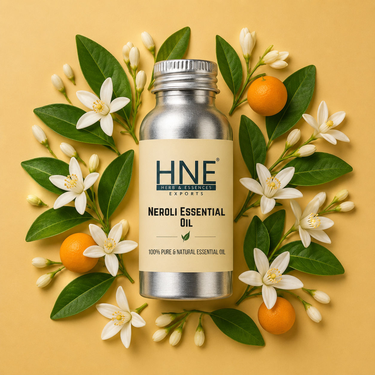 HNE Neroli Essential Oil bottle surrounded by flowers and leaves on a yellow background