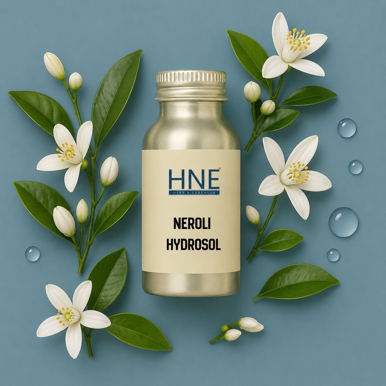 Bottle of HNE Neroli Hydrosol with neroli flowers and leaves on a blue background