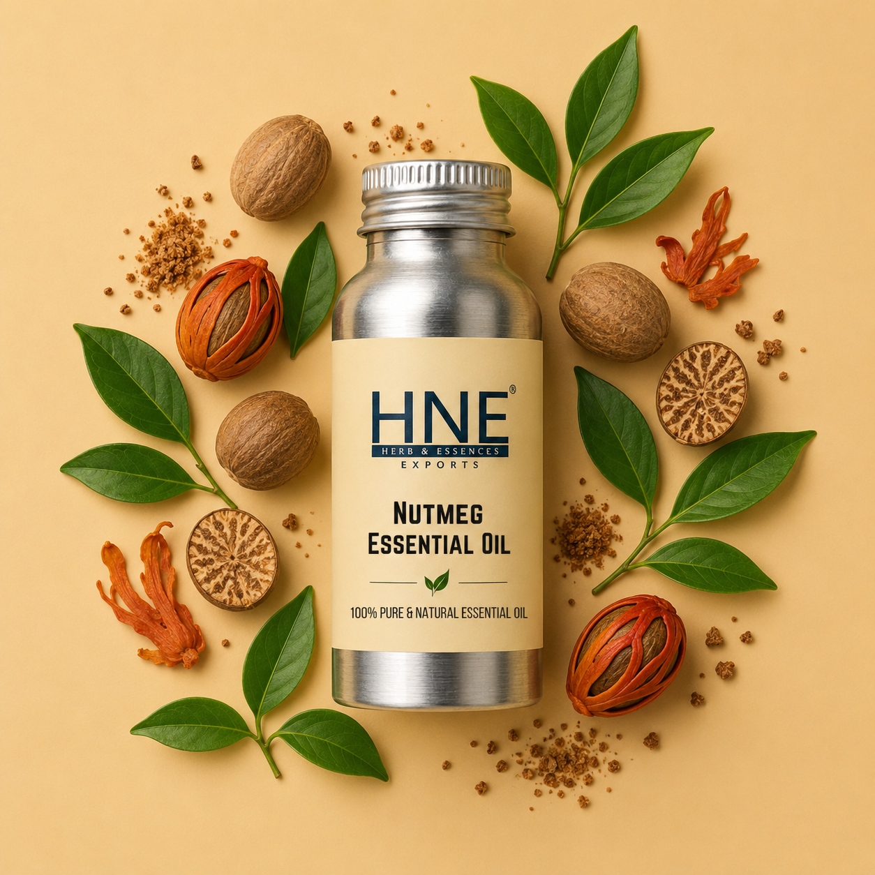 Bottle of Nutmeg Essential Oil with nutmeg seeds and leaves on a beige background