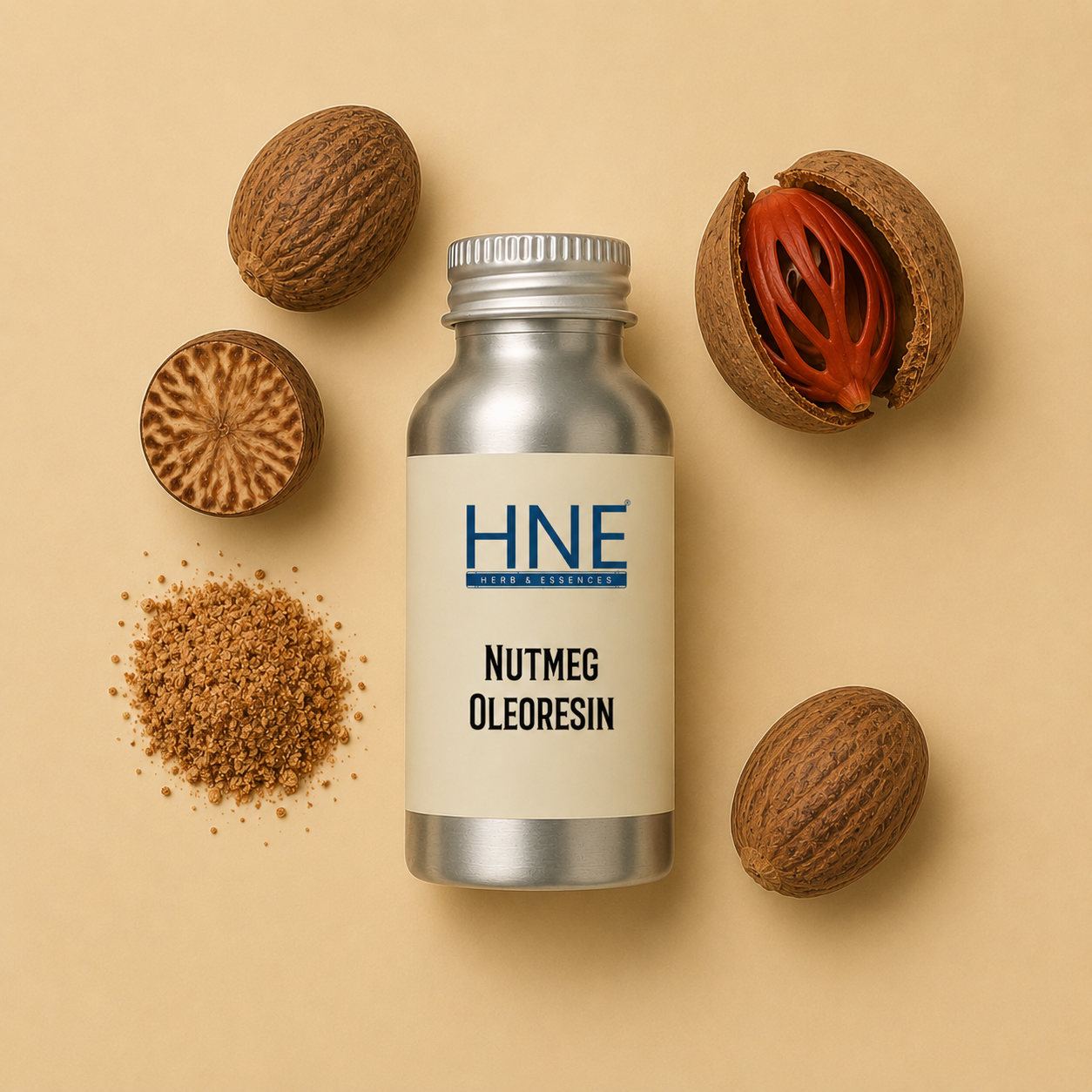 Bottle of HNE Nutmeg Oleoresin with nutmeg seeds and powder on a beige background