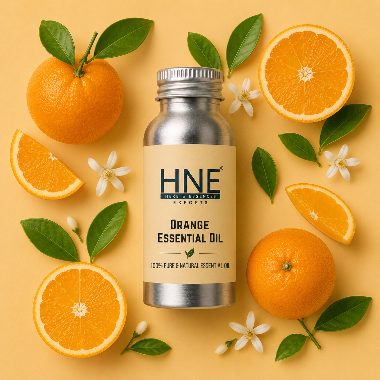 HNE Orange Essential Oil bottle surrounded by oranges and leaves on a yellow background