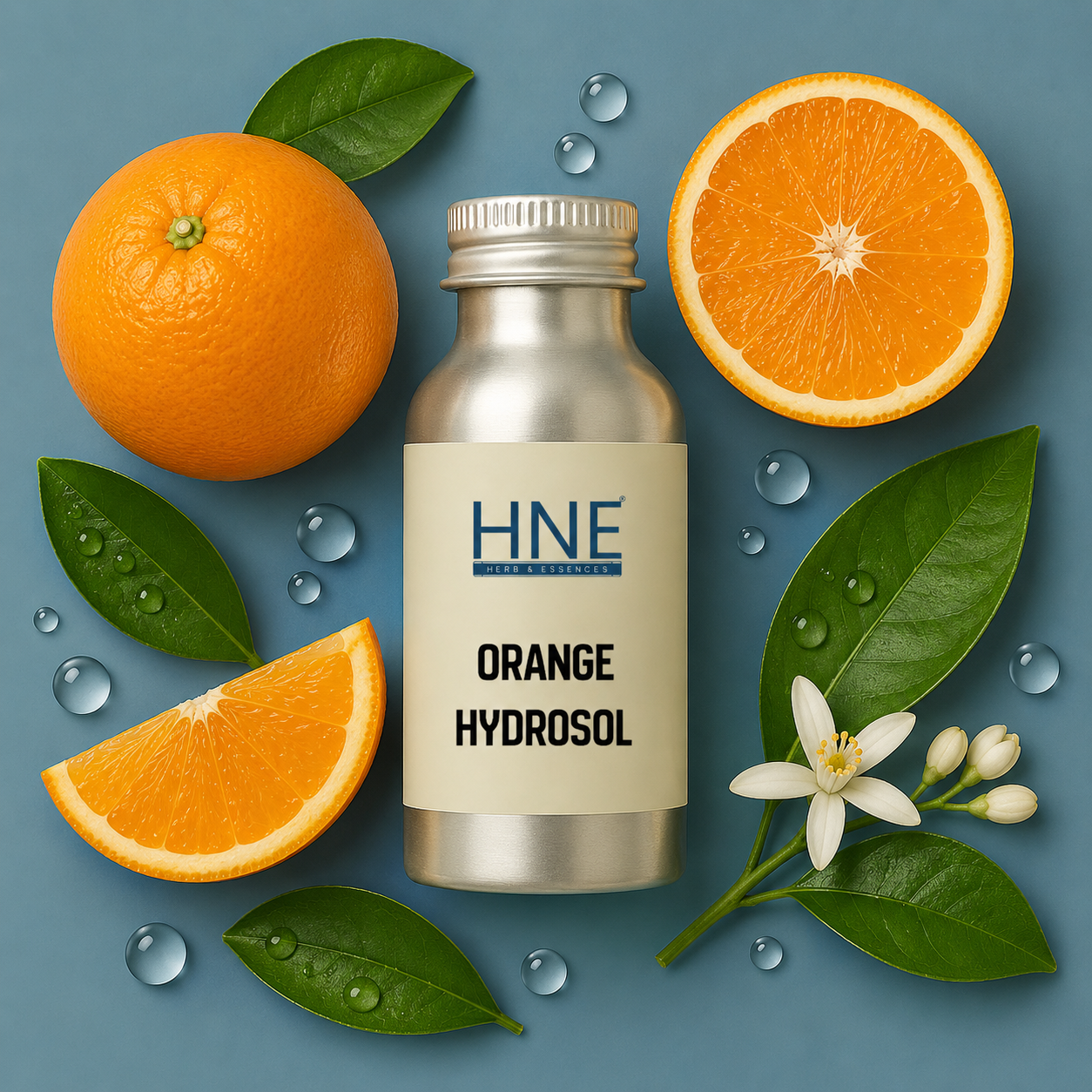 Bottle of HNE Orange Hydrosol surrounded by oranges, leaves, and flowers on a blue background
