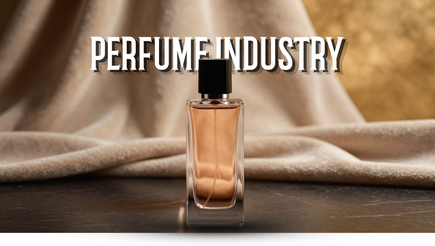 Perfume bottle with 'PERFUME INDUSTRY' text on a draped fabric background