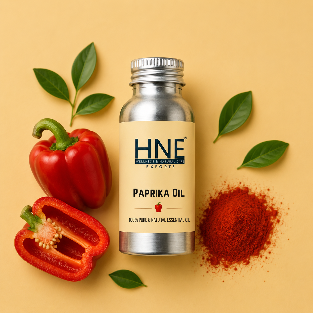 Bottle of HNE Paprika Oil with a red pepper and paprika powder on a yellow background