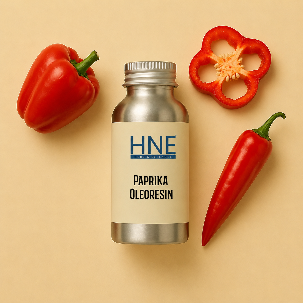 Bottle of HNE Paprika Oleoresin with red peppers on a beige background
