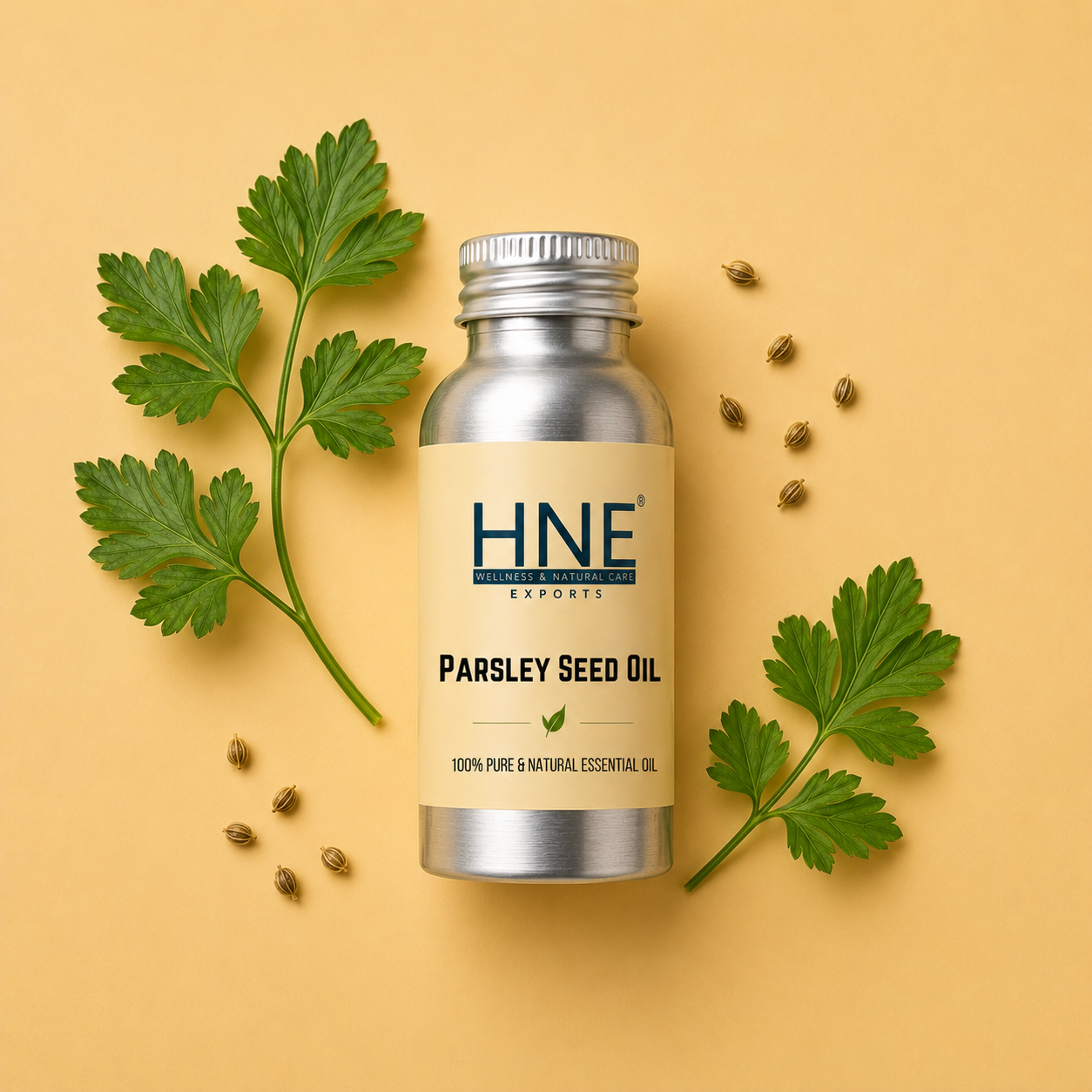 Bottle of HNE Parsley Seed Oil with parsley leaves and seeds on a beige background
