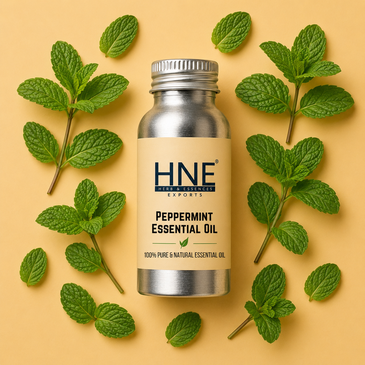 HNE Peppermint Essential Oil bottle surrounded by mint leaves on a beige background