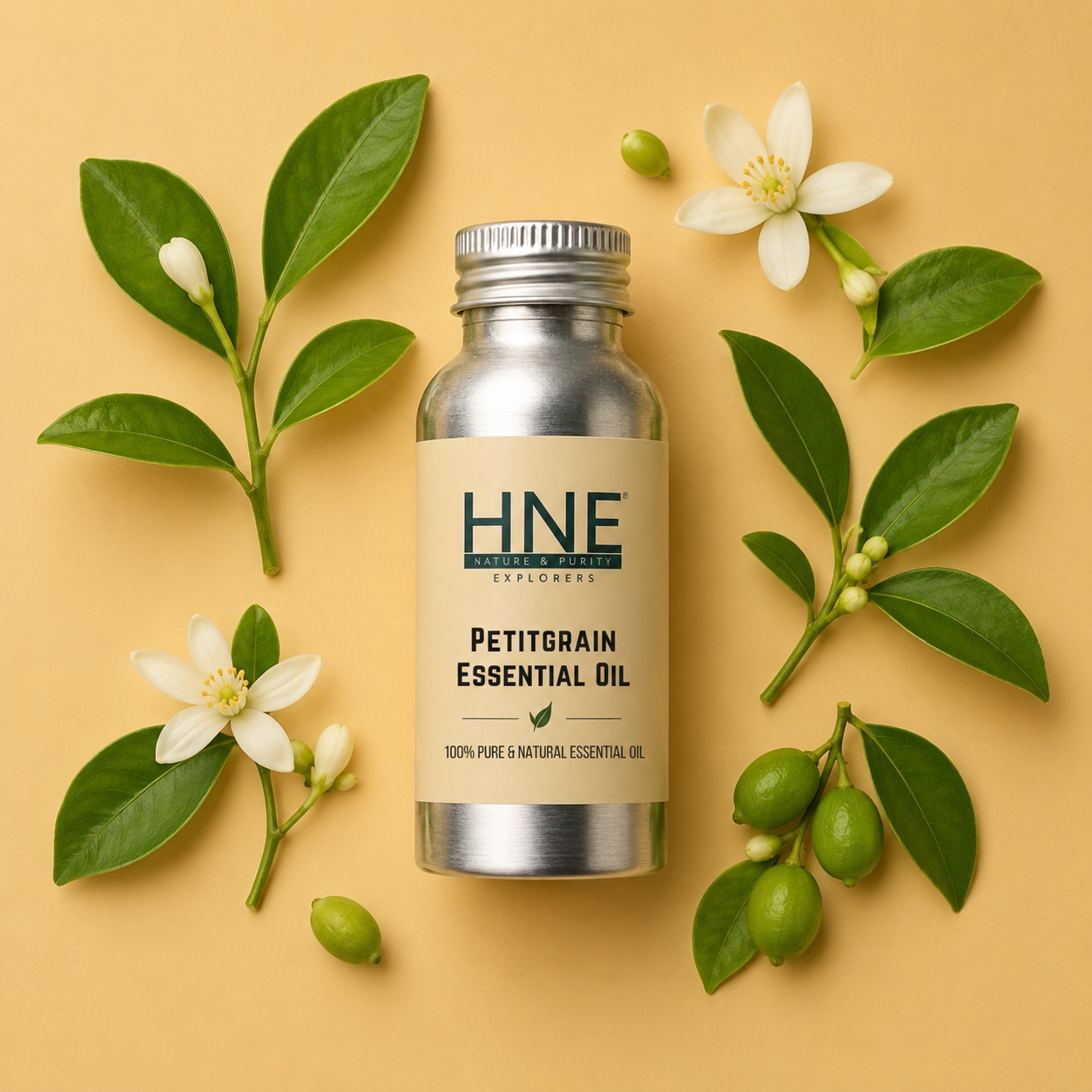 Bottle of HNE Petitgrain Essential Oil surrounded by green leaves and flowers on a beige background