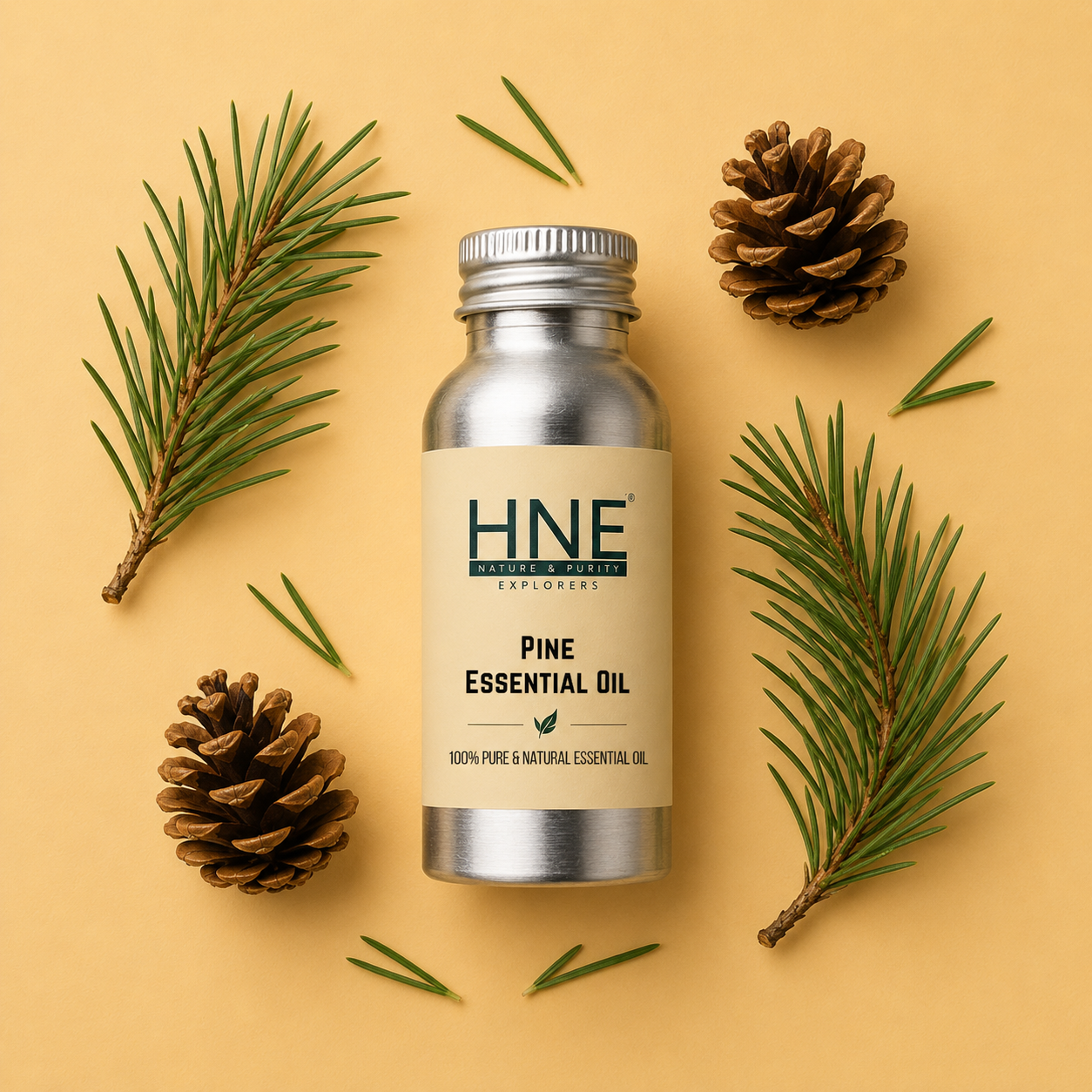 Bottle of HNE Pine Essential Oil with pine branches and cones on a beige background