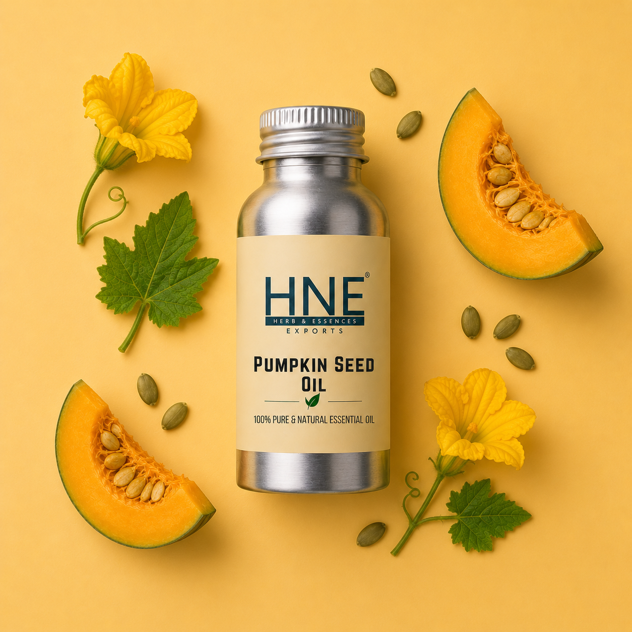 Bottle of HNE Pumpkin Seed Oil with pumpkin slices and seeds on a yellow background