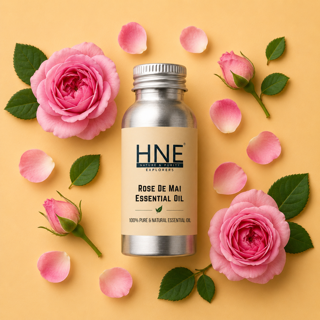 Bottle of HNE Rose de Mai essential oil surrounded by pink roses and petals on a yellow background