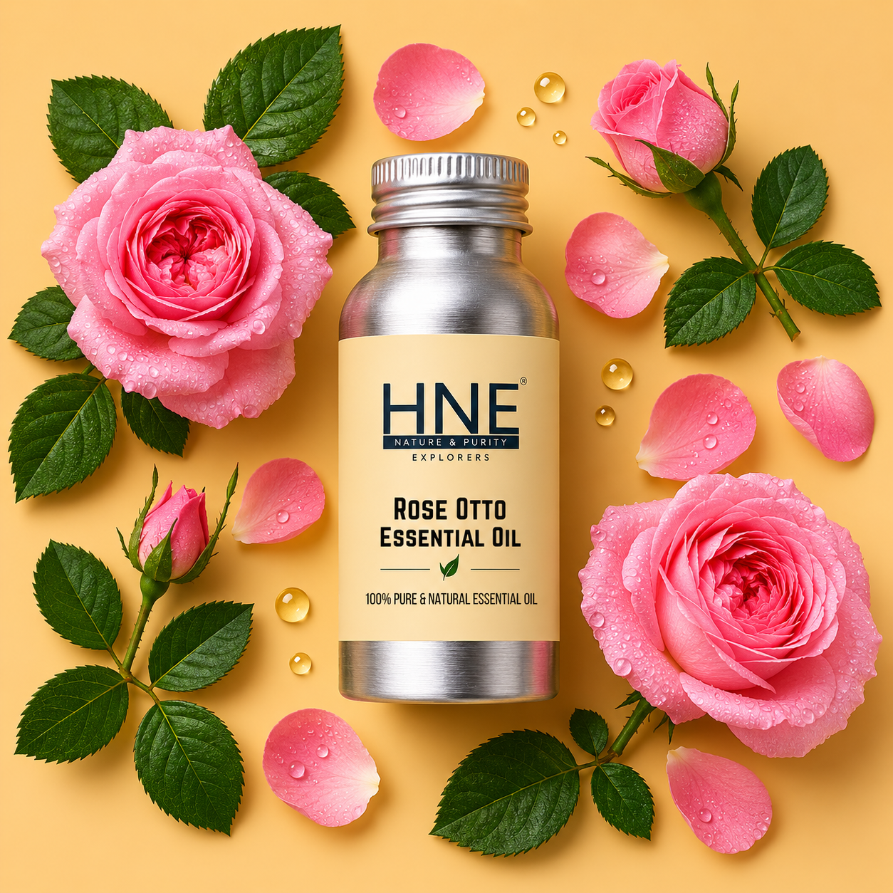 HNE Rose Otto Essential Oil bottle surrounded by pink roses and petals on a yellow background