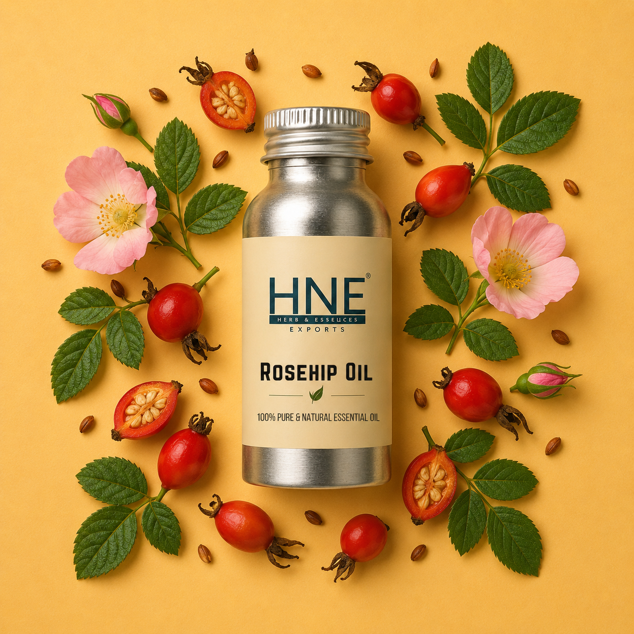 HNE Rosehip Oil bottle surrounded by rosehips and flowers on a yellow background